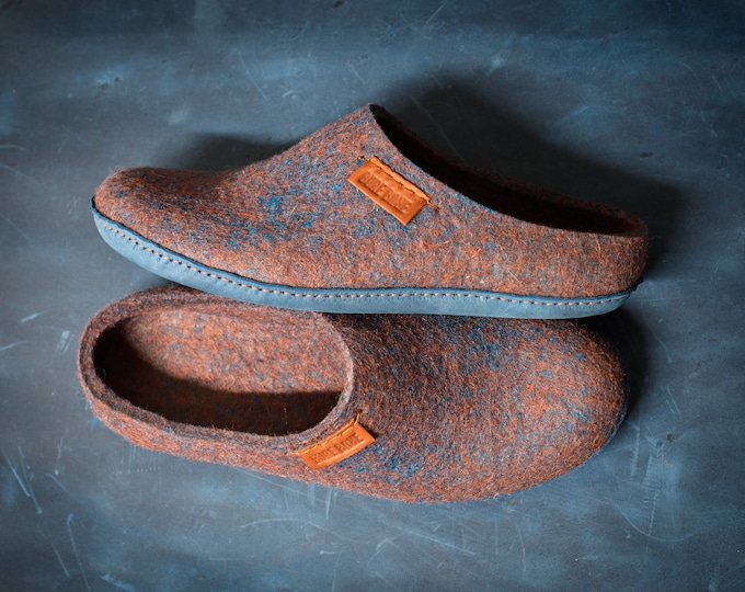 Felted Wool Men's Slippers: Custom Size, Low Back, Indoor Outdoor Leather or Rubber Sole