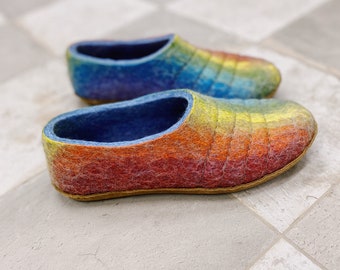 Handcrafted Felted Wool Women's Slippers - Rainbow - Natural Warmth, Thermoregulation, Breathability Cozy Comfort for Indoor/Outdoor Wear