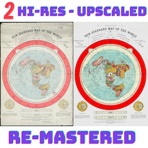 Platte aardekaart met 2 versies Alex Gleason 1892 New Standard Map of the World geremasterde digitale download in hoge resolutie 300 dpi afdrukbare klassieke wereld