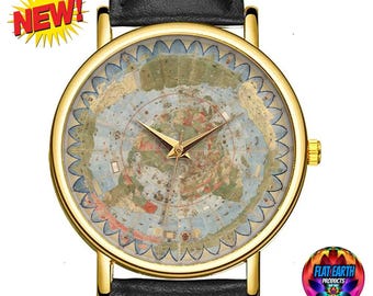 Reloj de pulsera Urbano Monte Flat Earth Map 1587 Vintage World Realm para hombre y mujer, negro, marrón, arte unisex, Antártida, Firmamento, Terra, Milán, regalo