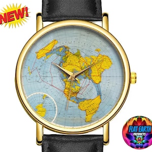Wereldkaart voor de Air Age Horloge Flat Earth 1942 Polshorloge Rand McNally Zwart Bruin Leer Unisex Cadeau Sieraden HD Polar Projection Luchtvaartmaatschappijen