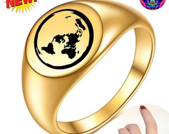 Flat Earth Stainless Steel Ring Map Terra Realm Projection World Fashion Jewelry Female Statement Globe Plane Gold Silver Black Antarctica X