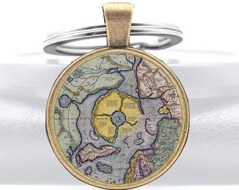 Hyperborea North Pole Keychain Pendant Gold Gift Rupes Nigra Flat Earth Map Black Model Jewelry Glass Dome Key Chain Mercator 1606 Eden Meru