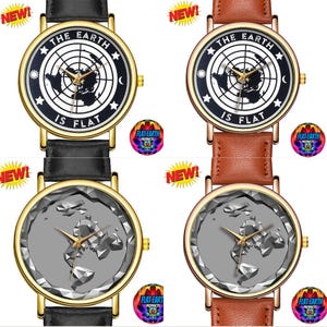 3D-grijze platte aardekaart polshorloge azimutaal equidistante wereld zwart-wit horloge bruin leer uniseks heren projectie zwart-witeffect Gleason's