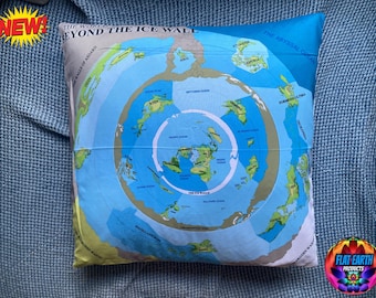 May include: A blue and white pillow with a flat earth map design. The map shows the continents and oceans, with the text "The World Beyond the Ice Wall" at the top. The pillow is made of soft fabric and has a zipper closure.