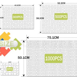 May include: Four different sizes of white jigsaw puzzles with black lines. The puzzles are labeled with the number of pieces: 35 pieces, 300 pieces, 500 pieces, and 1000 pieces. The puzzles are also labeled with their dimensions in centimeters.
