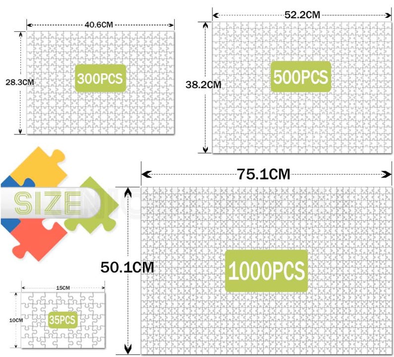 May include: Four different sizes of white jigsaw puzzles with black lines. The puzzles are labeled with the number of pieces: 35 pieces, 300 pieces, 500 pieces, and 1000 pieces. The puzzles are also labeled with their dimensions in centimeters.