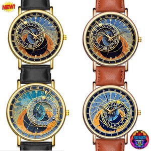 Flat Earth Armbanduhr Prag Astronomische Uhr Armbanduhr Schwarz Braun Leder Tschechisch Orloj Mittelalterliches Firmament Damen Geschenk Unisex Herren Astrologie