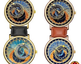 フラットアースウォッチ プラハ天文時計 腕時計 ブラック ブラウンレザー チェコ Orloj 中世の天空 レディース ギフト ユニセックス メンズ 占星術