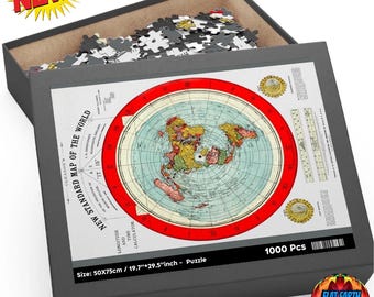 May include: A 1000 piece jigsaw puzzle featuring a flat earth map with a red border and a compass rose. The puzzle is 19.7 inches by 29.5 inches and is made by Flat Earth Products.