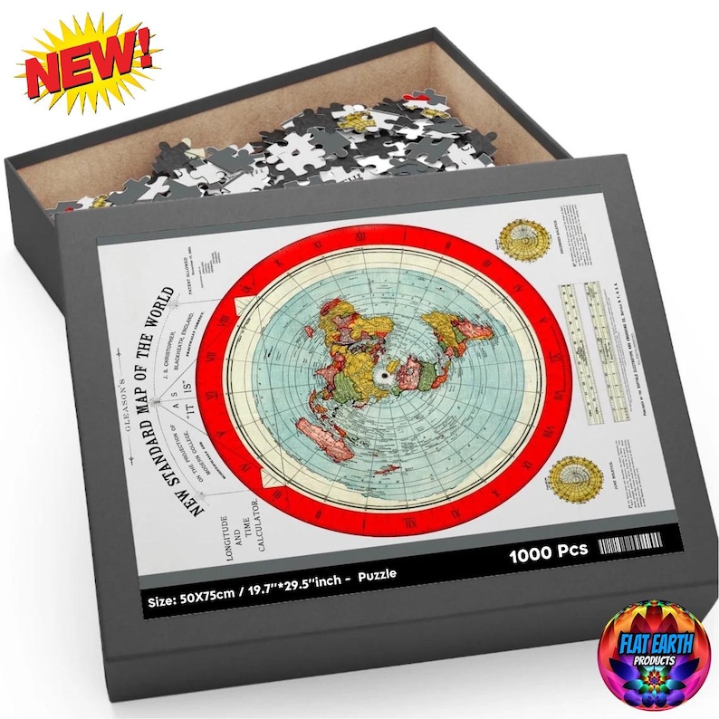 May include: A 1000 piece jigsaw puzzle featuring a flat earth map with a red border and a compass rose. The puzzle is 19.7 inches by 29.5 inches and is made by Flat Earth Products.