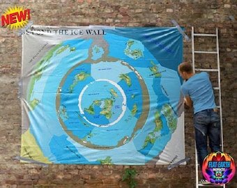 May include: A large, colorful map depicting a flat earth model with concentric circles and continents. The map is labeled "Beyond the Ice Wall" and is being hung on a brick wall by a person on a ladder.