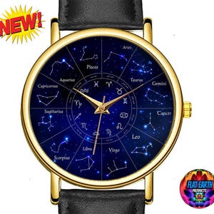 Reloj de pulsera Tierra plana, Zodíaco, Carta estelar, Mapa de constelaciones, Reloj astronómico, Cúpula azul negra, Firmamento, Cielo nocturno, Universo, Reloj para hombre y mujer, Regalo