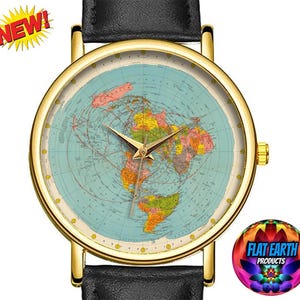 Mappa dell'età dell'aria del mondo Orologio Flat Earth 1938 Orologio da polso Traiettorie di volo CBS Scuola americana Pelle Unisex Regalo Gioielli Proiezione polare RARE
