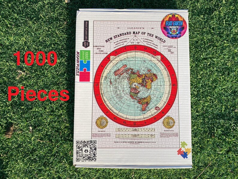 May include: A 1000 piece jigsaw puzzle featuring a flat earth map with a red border. The puzzle box has a QR code and the text "GLEASON'S NEW STANDARD MAP OF THE WORLD" and "FLAT EARTH PRODUCTS".