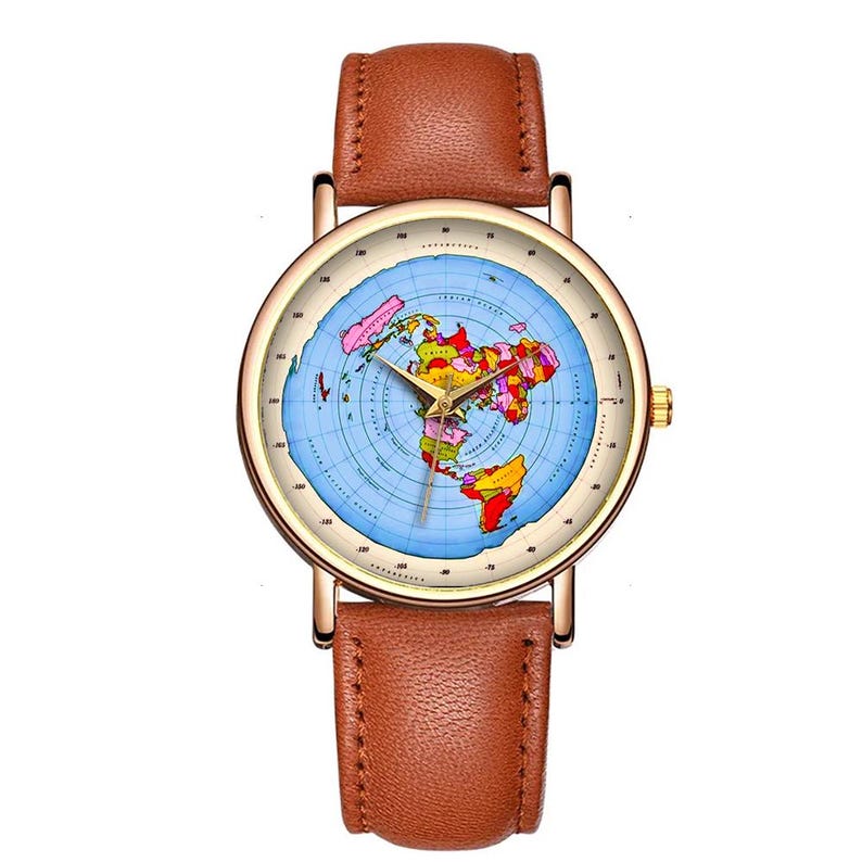 Flat Earth Blue Map Wristwatch Azimuthal Equidistant World Watch Black ...