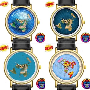 Flat Earth Blue Map Polshorloge Azimuthal Equidistant World Watch Zwart Bruin Leer Unisex Heren Zetetic USGS Radar Projection Gleason FE Art