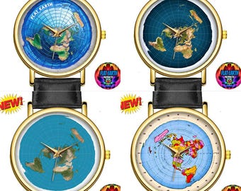 Flat Earth Blue Map Wristwatch Azimuthal Equidistant World Watch Black Brown Leather Unisex Men Zetetic USGS Radar Projection Gleason FE Art