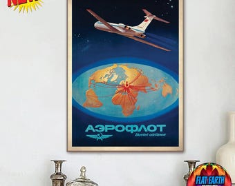 Vintage Aeroflot Soviet Flat Earth Map Worldwide Airline Canvas Poster Print FE World Plane HD Wall Art Poster Decor Gleason Ilyushin IL-62