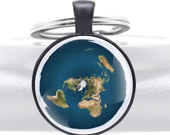 Flat Earth Map Keychains Pendant World Key Chain Ring Silver Black Gold Bronze Gleason 1892 Gift Model Jewelry Glass Dome Firmament NASA Lie