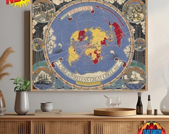 Cable & Wireless Great Circle Flat Earth World Map Canvas Poster 1945 MacDonald "Max" Gill Polar Plane HD Wall Art Decor Print Gleason Realm