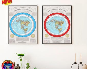 May include: Two framed flat earth maps with a white background and black frames. The maps are titled "GLEASON'S MAP NEW STANDARD MAP OF THE WORLD". One map has a blue circle around the world and the other has a red circle around the world.
