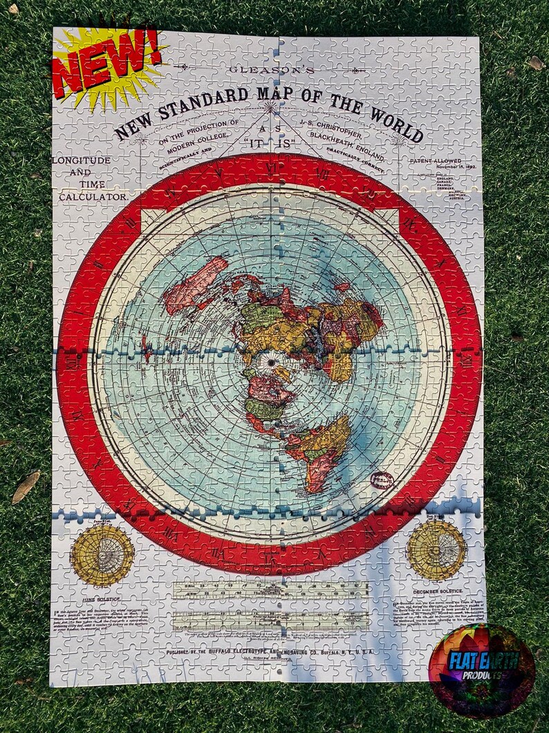 May include: A vintage jigsaw puzzle featuring a flat earth map with a red border. The puzzle is titled "Gleason's New Standard Map of the World" and includes a longitude and time calculator. The puzzle is made by the Buffalo Electro-Chemical Co. in Buffalo, NY.