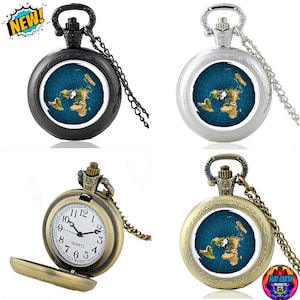 Vintage Platte Aarde Zakhorloge Klok Wereldkaart Mannen Vrouwen Hanger Ketting Steampunk Zwart Zilver Brons Unisex Gleason Antiek Cadeau