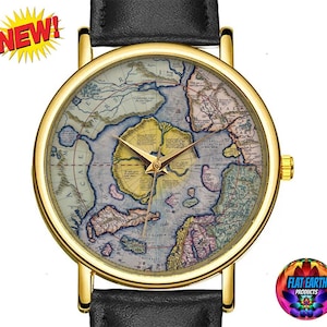 Hyperborea platte aarde horloge Noordpool kaart horloge wereld rijk vliegtuig 1606 Mount Meru Rupes Nigra cartografie kunst Unisex sieraden zeldzame cadeau