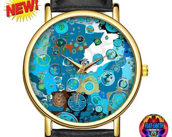 May include: A gold-tone wristwatch with a black leather strap. The watch face features a colourful map of a flat earth with the words "Flat Earth Products" on the bottom right.