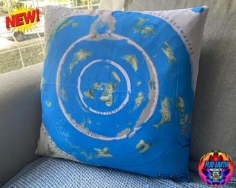 May include: A white pillow with a blue and white flat earth map design. The map shows the ice walls, the mountainous ring, and the frozen wastes. The pillow has the words "New!" in a red box in the top left corner.