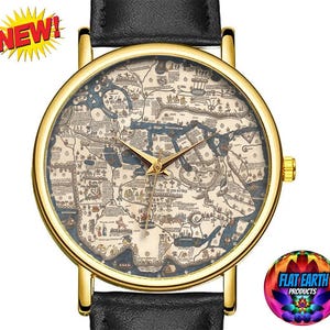 Borgia Flat Earth Wereldkaart Horloge 1797 Middeleeuws Mappa Mundi Polshorloge Orbis Terrae Zwart Bruin Leer Unisex Modecadeau Kardinaal Stefano