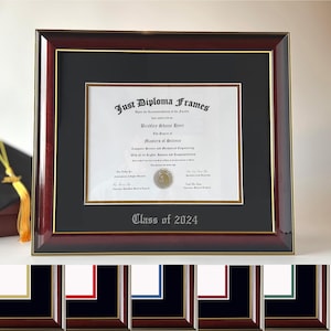 May include: A mahogany wood diploma frame with a gold trim and a black mat. The frame is displaying a diploma with the text "Just Diploma Frames" and "Class of 2024".