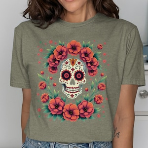 Sugar Skull T-Shirt, Day of the Dead Tee, Floral Skull Art, Dia de los Muertos Apparel, Mexican Culture Shirt, Calavera Design Clothing
