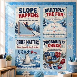 Op de afbeelding: Een lichtblauw prikbord met een geschulpte rand en witte sneeuwvlokken, met vier educatieve posters met winterthema's: Slope Happens, Multiply The Fun, Order Matters en Probability Check, die wiskundige concepten illustreren.