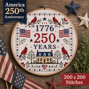 Wzór krzyżykowy "America 250 Cardinals" w formacie PDF, patriotyczny haft krzyżykowy w stylu amerykańskim, dekoracje na 4 lipca, wzór domu kolonialnego