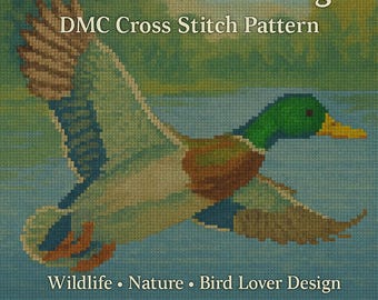 Patrón de punto de cruz de pato ánade real en vuelo, diseño de aves silvestres (descarga digital)