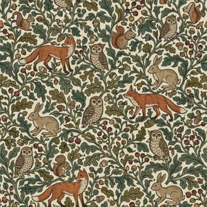 Carta digitale ispirata a William Morris, motivo animali della foresta, volpe, coniglio, gufo, scoiattoli, motivo ripetuto senza soluzione di continuità, carta per scrapbooking stampabile