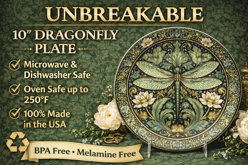 William Morris Dragonfly Decorative Plate | Unbreakable, USA Made image 3