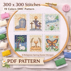May include: A cross-stitch pattern featuring six religious designs, including a tomb, crosses, a dove, a lamb, bread and a butterfly. The pattern is displayed in a wooden embroidery hoop with spools of colorful thread and scissors. Text on the pattern reads "300 x 300 Stitches" and "PDF PATTERN".