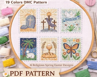 May include: A cross-stitch pattern featuring six religious designs, including a tomb, crosses, a dove, a lamb, bread and a butterfly. The pattern is displayed in a wooden embroidery hoop with spools of colorful thread and scissors. Text on the pattern reads "300 x 300 Stitches" and "PDF PATTERN".