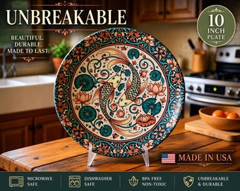 Plato William Morris con diseño de peces koi / Plato decorativo irrompible de 25 cm / Diseño de loto estilo Arts & Crafts / Apto para microondas / Hecho en EE. UU. / Zen Kitch