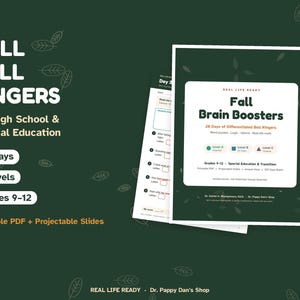 Op de afbeelding: Een set educatief materiaal getiteld Fall Bell Ringers for High School & Special Education, met 20 dagen aan inhoud op 3 niveaus voor groep 9-12. De donkergroene documenten bevatten printbare PDF's en projecteerbare dia's.