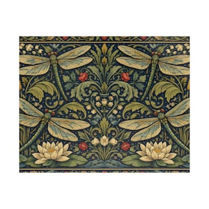 May include: A rectangular decorative item featuring a repeating pattern of dragonflies, flowers, and foliage. The design includes dragonflies with light blue wings, red flowers, and green leaves against a dark blue background. The overall style is reminiscent of vintage art.