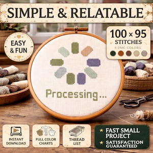 Processing Cross Stitch Pattern | Funny Tech Embroidery PDF | Minimalist ADHD Humor Stitch | Easy Beginner | 100x95 | 8 DMC Colors