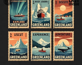 May include: A collection of six vintage Greenland travel stamps. Each stamp depicts a different scene, including a ship, a boat, a bear, and a whale. The stamps have a retro design with text such as "Explore Greenland" and "Adventure Greenland".