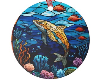 Stained Glass Dolphin Ornament | Coastal Christmas Tree Decor | Ocean Lover Gift