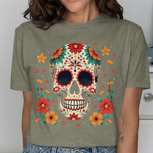 Floral Sugar Skull T-Shirt, Day of the Dead Tee, Dia de los Muertos Shirt, Mexican Holiday Top, Flower Skull Shirt, Skull Graphic Tee