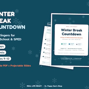 Może przedstawiać: Zasób edukacyjny Winter Break Countdown dla szkół średnich i specjalnych, zawierający 10 dni zróżnicowanych ćwiczeń umysłowych, trzy poziomy, plik PDF do druku i slajdy do prezentacji na ciemnoniebieskim tle ze śnieżynkami.