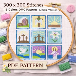 May include: A cross-stitch pattern in a wooden hoop, featuring nine squares with religious imagery. The text "300 x 300 Stitches" and "15 Colors DMC Pattern - Simple Version" are visible. The words "PDF PATTERN" are also displayed.
